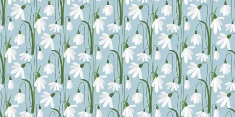 Delicate first snowdrops on blue background, seamless pattern Stock Illustration