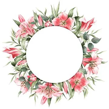 Delicate floral frame hand-drawn in watercolor. Round vignette of pink lilies Stock Illustration