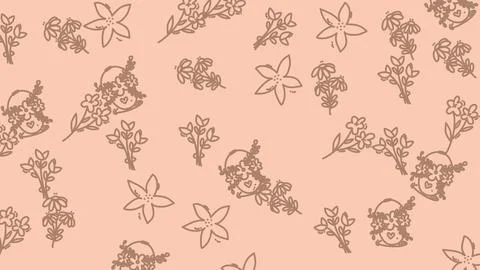 Delicate Floral Outline Pattern on a Soft Peach Background. Stock Illustration