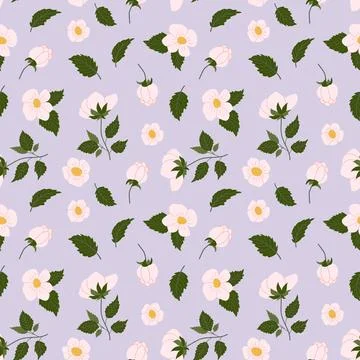 Delicate floral pattern featuring white flowers and green leaves on a soft .. Stock Illustration