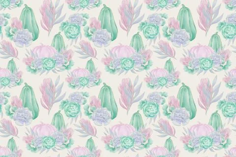 Delicate floral patterns of illustrations, pumpkins, succulents, leaves, twig Stock Illustration