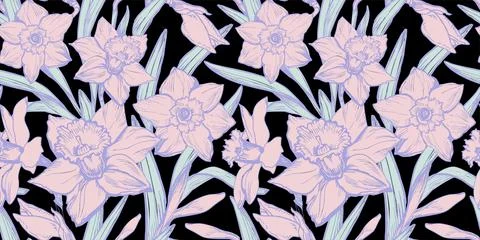 Delicate floral seamless pattern with hand drawn flowers daffodils. Stock Illustration