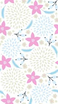 Delicate Floral Seamless Pattern with Pink Flowers Blue Petal Bursts and So.. Stock Illustration