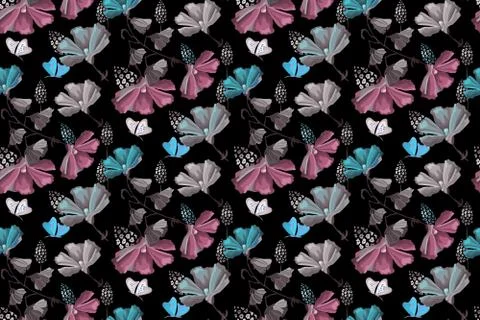 Delicate floral seamless pattern. Vector blue, pink flowers and butterflies. Stock Illustration