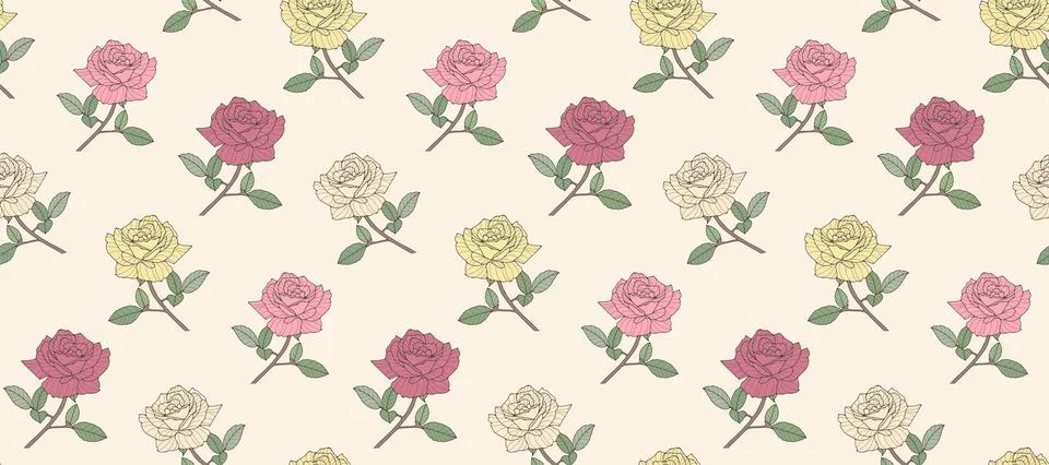 Delicate floral seamless pattern with yellow and pink roses. Stock Illustration