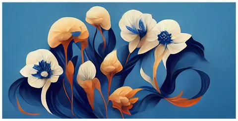 Delicate flowers bred with soft lines in blue orange and white tones for texture Stock Illustration