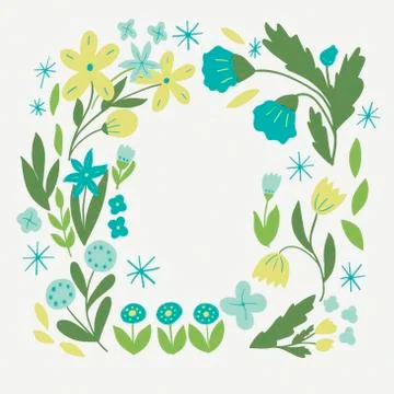 Delicate frame of blue and yellow flowers on a white background in vector Stock Illustration