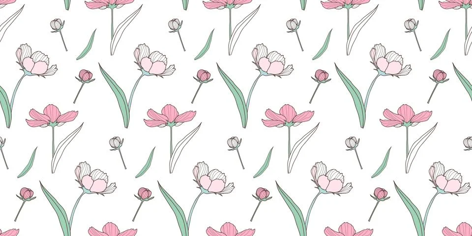 Delicate girly vector seamless pattern with large pink flowers Illustrazione stock