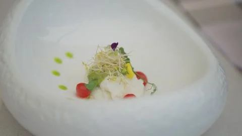 Delicate gourmet appetizer with sprouts and tomatoes Video stock 329965877