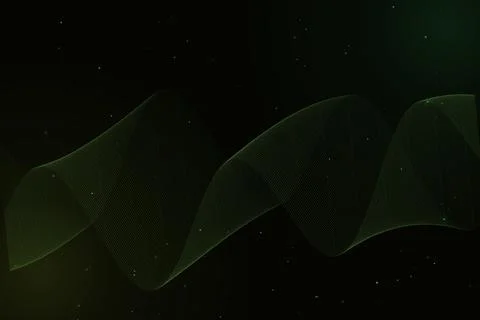 A delicate green wireframe wave flows across a black space filled with tiny.. Stock Illustration