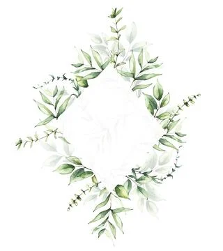 Delicate greenery rhombus shape frame template watercolor painted. Branches Stock Illustration
