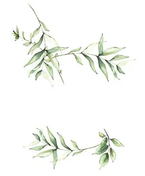 Delicate greenery round frame template watercolor painted. Background with Stock Illustration