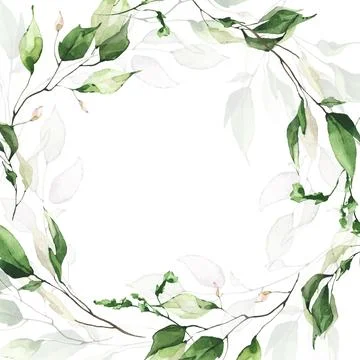 Delicate greenery square frame template watercolor painted. Wreath with branches Illustrazione stock