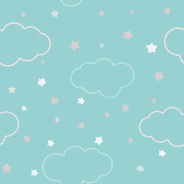 Delicate heavenly seamless pattern with clouds and stars vector illustration. Stockillustratie