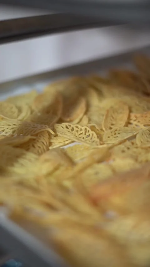 Delicate lace-pattern pastry pieces arranged together, golden baked texture Stock Footage 328965010