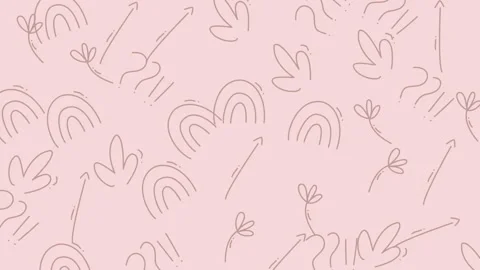 Delicate Line Art Pattern - Rainbows, Leaves, and Flowers on Pink. Stock Footage 322985552