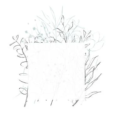 Delicate line art square frame template. Branches, blue leaves. Wedding ready Stock Illustration