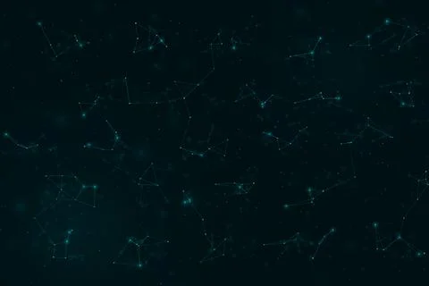 Delicate luminous points and geometric links drift across a dark teal space.. Stock Illustration
