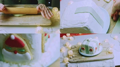 Delicate macro detail of cake decorating process in split screen Stock Footage 342140801