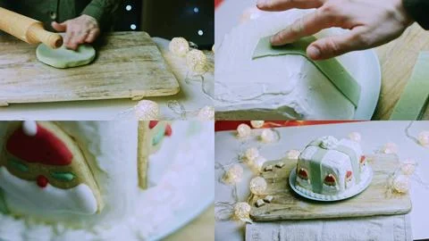 Delicate macro detail of cake decorating process in split screen Stock Photos