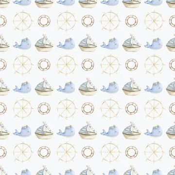 Delicate marine pattern featuring watercolors of whales and boats for child.. Stock-Illustration