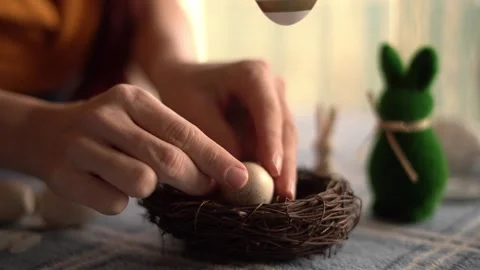 A delicate moment of placing a speckled Easter egg into a rustic birds nest.. Video stock 304087599