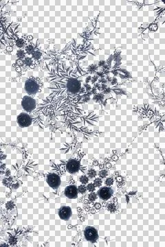 A delicate, monochromatic pattern of dark blue floral elements and branches 스톡 사진