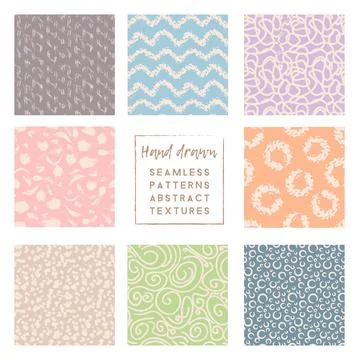 Delicate pastel color seamless patterns collection with naive hand drawn elem Stock Illustration