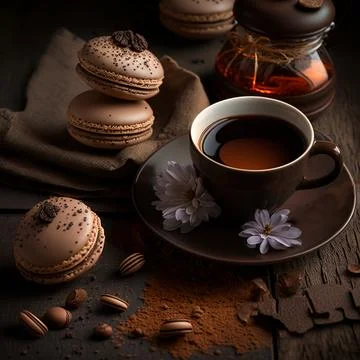 Delicate pastries in form of crispy delicate macaron with cocoa and coffee Stock Illustration
