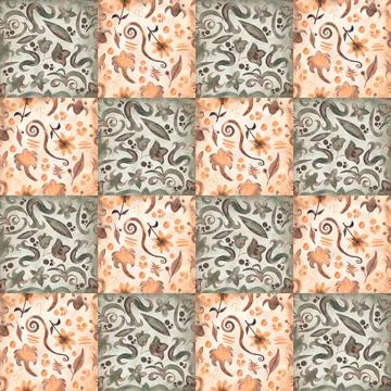 Delicate Patchwork Seamless Pattern, Watercolor Vintage Florals Background,.. Stock Illustration