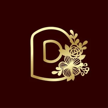 Delicate pattern for cutting letter D with tender wildflowers. Golden die Stock Illustration