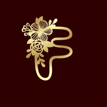 Delicate pattern for cutting letter F with tender wildflowers. Golden die Stock Illustration