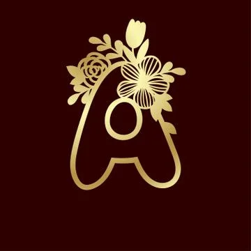 Delicate pattern for cutting letter A with tender flowers. Golden die cutting Stock Illustration