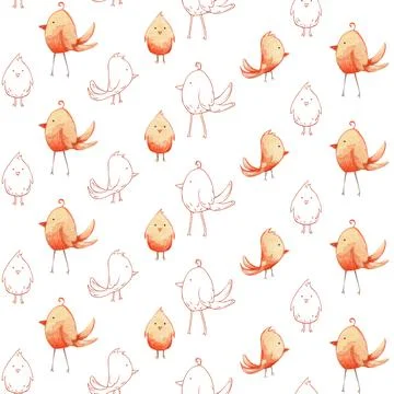 Delicate pattern in watercolor style. Background of yellow birds - chickens o Stock Illustration