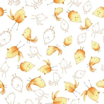 Delicate pattern in watercolor style. Background of yellow birds - chickens o Stock Illustration