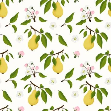 Delicate pears hang from leafy branches Illustrazione stock