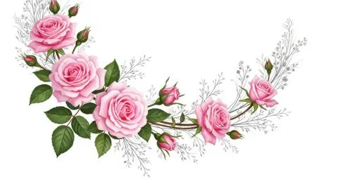 Delicate pink roses arrangement with subtle grey foliage and buds beautiful.. Stock Illustration