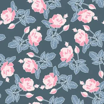 Delicate pink roses seamless pattern. Hand drawn flat silhouettes with white Stock Illustration