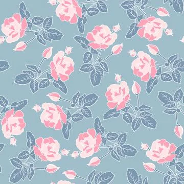 Delicate pink roses seamless pattern. Hand drawn flat silhouettes with white Stock Illustration