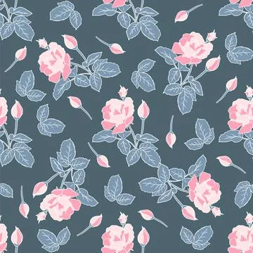 Delicate pink roses seamless pattern. Hand drawn flat silhouettes with white Stock Illustration