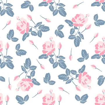 Delicate pink roses seamless pattern. Hand drawn flat vintage silhouettes of Stock Illustration