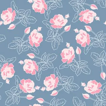 Delicate pink roses seamless pattern. Hand drawn flat silhouettes with white Stock Illustration