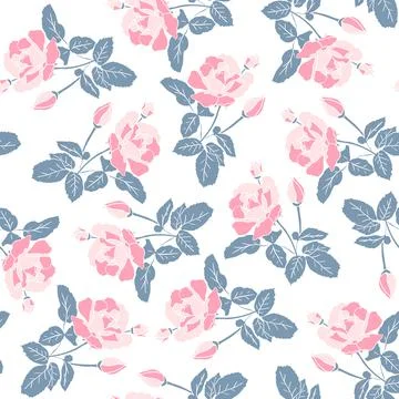 Delicate pink roses seamless pattern. Hand drawn flat silhouettes on white Stock Illustration