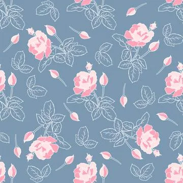Delicate pink roses seamless pattern. Hand drawn flat silhouettes with white Stock Illustration