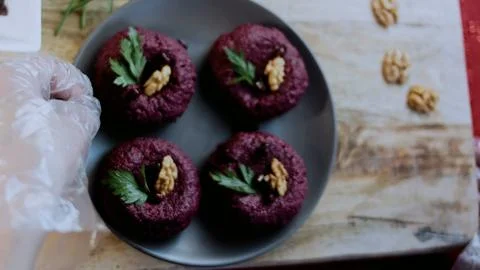 Delicate premium food angle: capturing walnut and beet texture Stock Photos