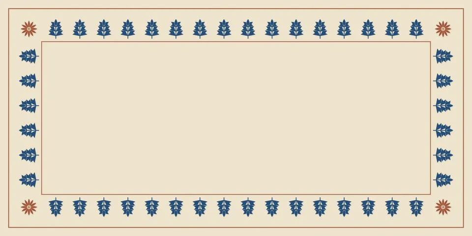 A delicate rectangular frame of stylized blue leaves and terracotta flowers.. Stock Illustration