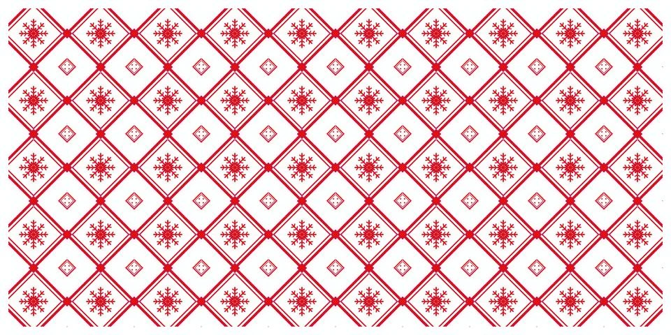 Delicate red snowflakes and tiny diamonds repeat within a crisp lattice on .. Stock Illustration