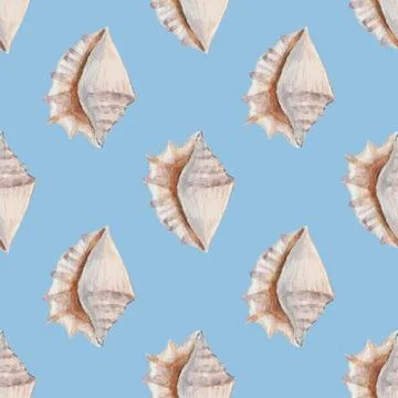 Delicate regular seamless pattern with realistic watercolor sea conchs on pastel Stock Illustration