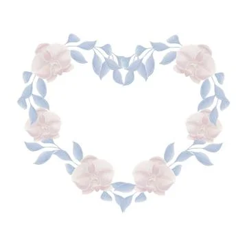 Delicate romantic, heart-shaped frame made of orchid flowers and twigs with b Stock Illustration