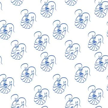Delicate seafood pattern featuring blue shrimp on a clean white background Stock Illustration